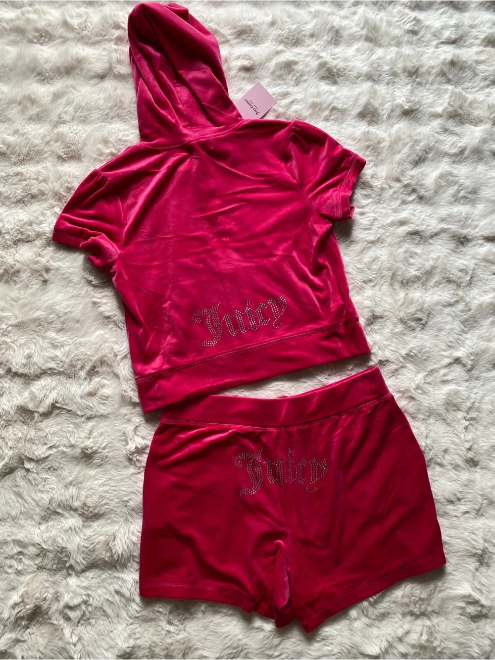 Juicy Couture Velour Short Sleeve Hoodie & Shorts Set in Hot Pink